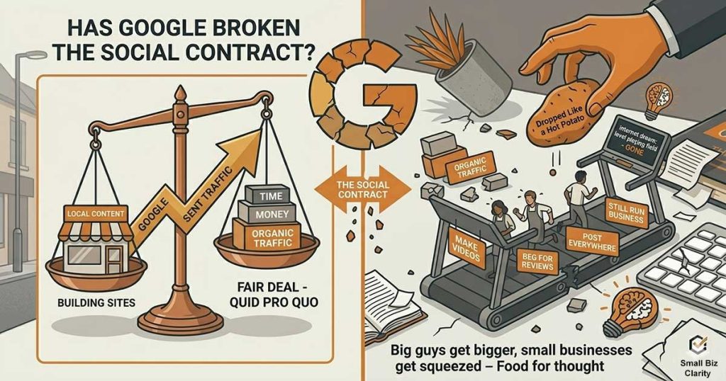 Illustration of a small business owner running on a treadmill, frustrated and overwhelmed while holding a fading digital contract labeled 'Google'. Represents the endless effort required to maintain website traffic, create content, and manage AI and social media demands. By Seán – The Ecommerce Guy at Small Biz Clarity
