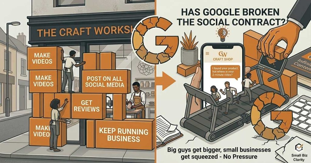 Illustration showing a small brick-and-mortar shop blocked by a wall of digital tasks—social media posts, AI updates, reviews—while the owner struggles on a treadmill. On the other side, a smartphone displays: 'I found your product, where is your 2-minute video?' highlighting the modern demands of online business and the changing social contract with Google. By Seán – The Ecommerce Guy at Small Biz Clarity.