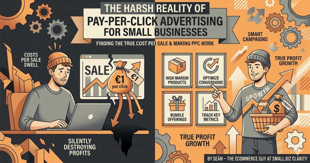 Pay-per-click advertising reality for SMEs: cost per click, conversion rates, and true profit margins. By Seán – The Ecommerce Guy at Small Biz Clarity