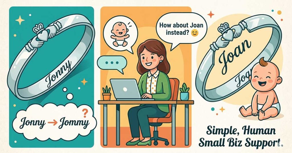 A real-life small business customer service story involving a Claddagh baby bangle, a script engraving issue and the mysterious behaviour of the letter “n”. Sometimes Jonny just doesn’t stay Jonny.