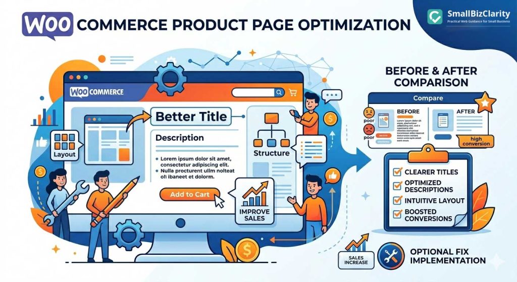 Improve your WooCommerce product pages with SEO-friendly titles, structured descriptions and better layout. Increase visibility, clarity and conversions with practical optimisation.