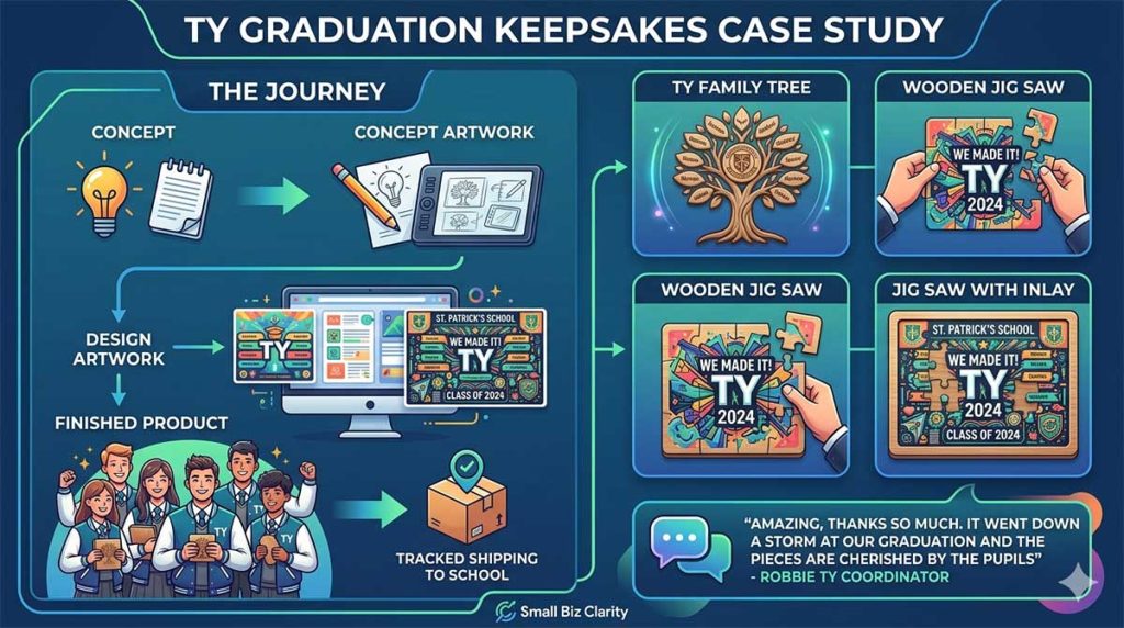 Case study showing end-to-end development of a bespoke Transition Year graduation keepsake for Irish schools, from concept & design artwork to laser production, personalisation & tracked delivery.