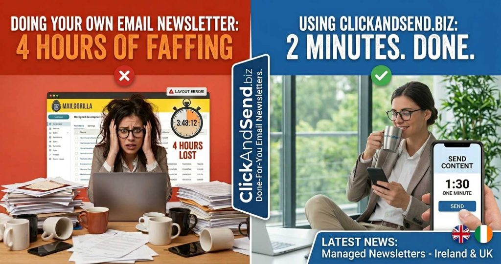 ClickAndSend.biz managed email newsletter service comparing the stress of DIY templates against outsourced done-for-you email marketing for UK and Ireland small businesses.