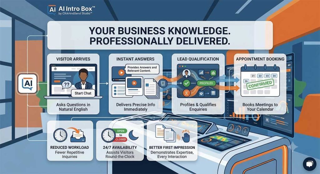 AI Intro Box™ is an AI-powered website assistant built by Hendley.ie that helps small businesses answer visitor questions, explain services and create better customer conversations.