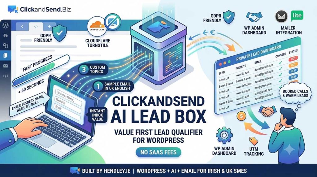 ClickAndSend AI Lead Box - Value First Lead Qualifer for Wordpress. WordPress plugin that gives website visitors 3 custom newsletter topics + 1 full sample email in under 60 seconds.