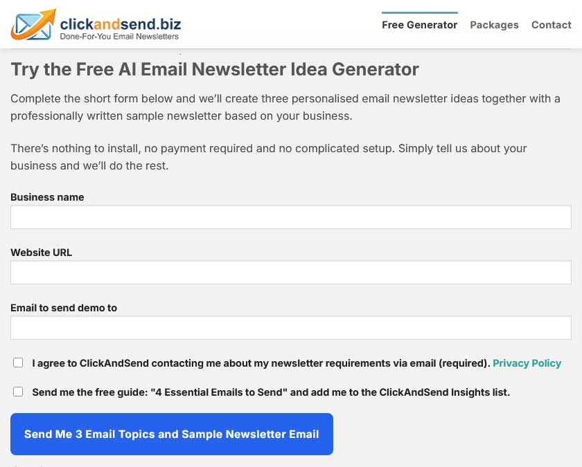 ClickAndSend AI Lead Box is a WordPress plugin that gives your website visitors 3 custom newsletter topics + 1 full sample email in under 60 seconds